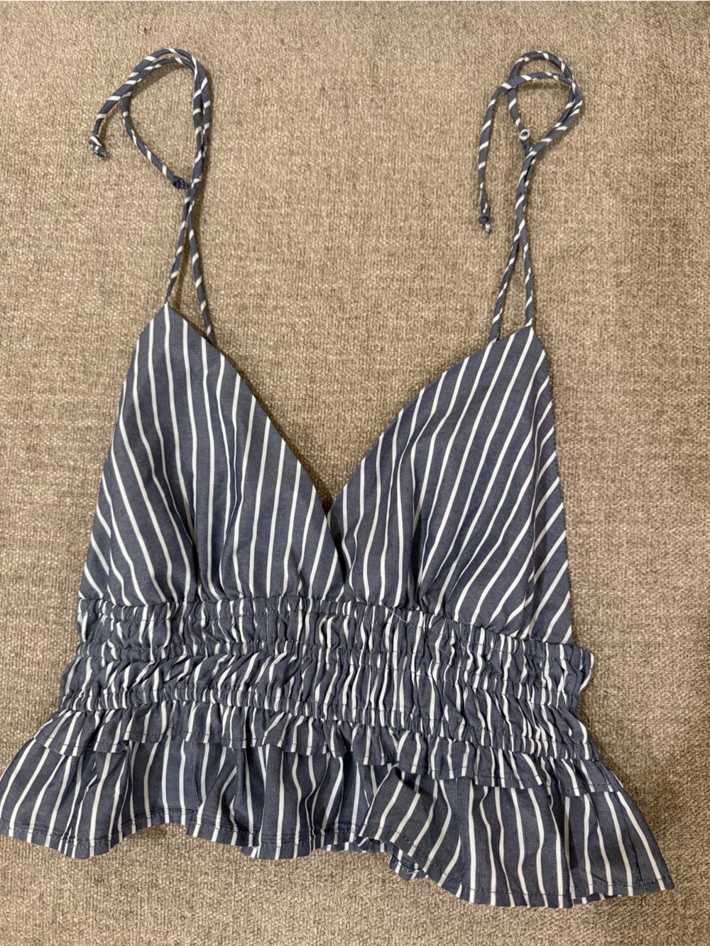 Striped Navy Tie-Strap Ruffle Hem Crop Top